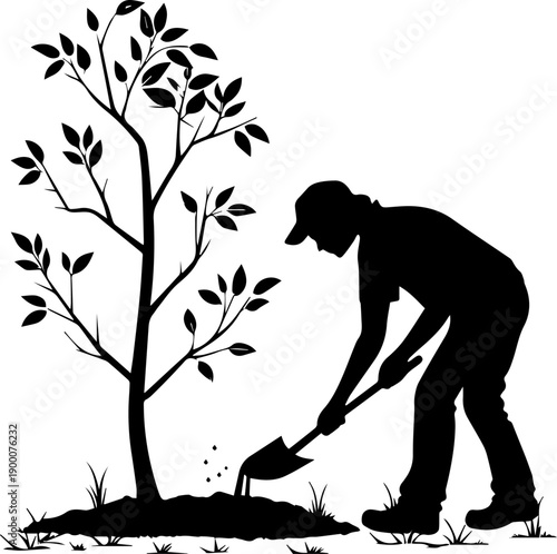 Person planting a young tree with a shovel silhouette vector illustration