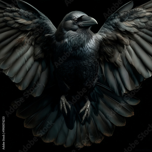 Black Raven with Spread Wings Isolated on Dark Background, Symbol of Mystery and Power