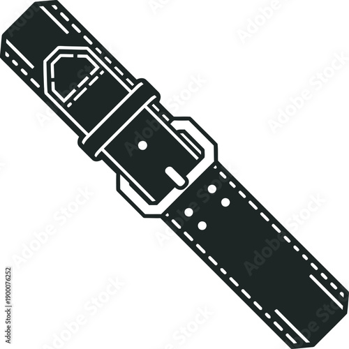 Professional dark silhouette vector of a heavy-duty leather belt featuring a classic metal buckle and double-row hole detailing. High-quality flat design ideal for fashion apparel branding and logos.