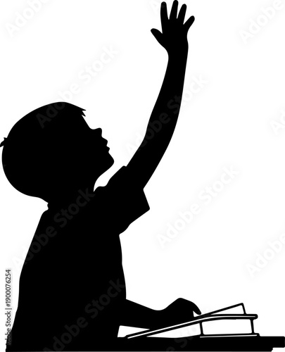 Boy student raising hand in classroom silhouette vector icon for education and learning participation