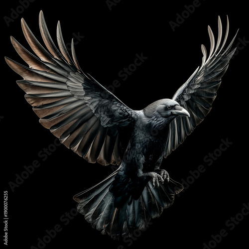 Black Raven with Spread Wings Isolated on Dark Background, Symbol of Mystery and Power