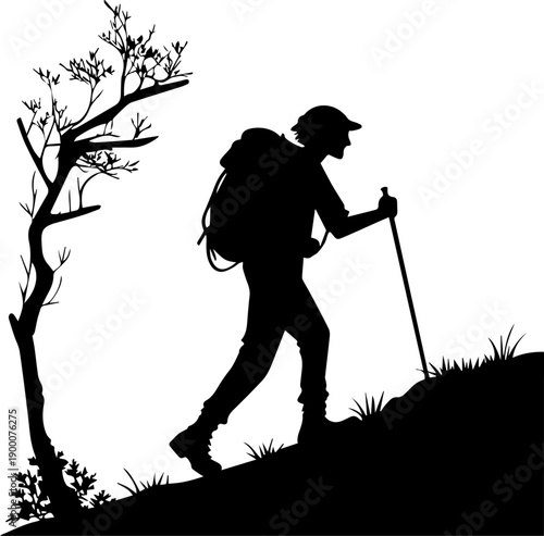 Black and white vector silhouette of a hiker with backpack and pole climbing uphill near a tree Adventure trekking icon