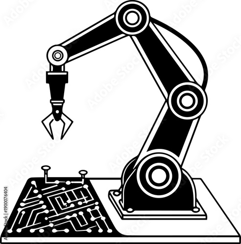 Robotic Arm Installing Components on Circuit Board Icon Vector Black and White Illustration of Automation and Manufacturing