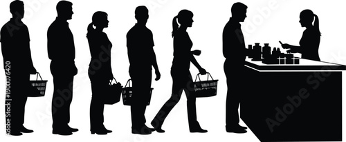Black silhouette vector illustration of customers with shopping baskets standing in a long line at a store checkout counter for retail commerce business concepts