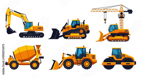 Collection of heavy construction vehicles including excavator, bulldozer, crane, mixer, loader, and roller on a white background.