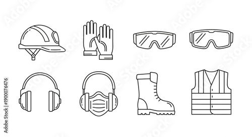 Collection of safety gear icons including a helmet, gloves, goggles, headphones, mask, boot, and vest in a simple line drawing style against a clean white background.