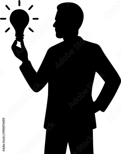 Man Holding Light Bulb Silhouette Vector Icon Idea Innovation and Business Solution Concept Black and White