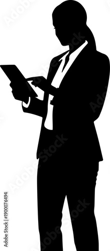 Businesswoman Using Tablet or Digital Device Silhouette Vector Graphic Resource Black and White