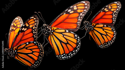 Monarch Butterflies in Flight Isolated on Black Background, Transformation and Freedom Concept