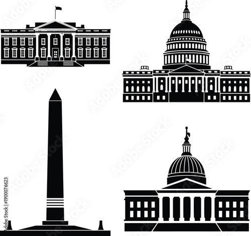 Washington DC landmarks silhouette illustration, White House, Capitol building, Washington Monument, American architecture, government symbols, historic monuments, cultural heritage