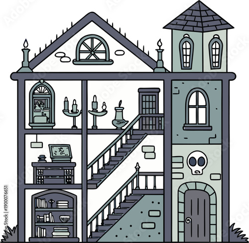 Grim gothic house cutaway showing stairs and skull symbols in rooms