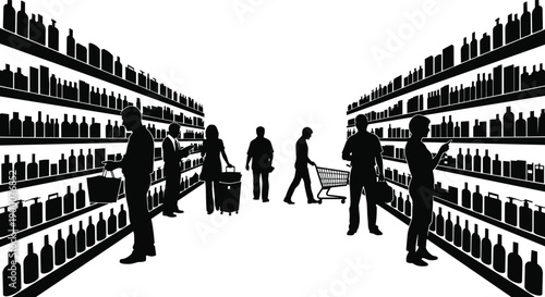 Black silhouette vector illustration of customers with shopping carts and bags browsing shelves in a large grocery store supermarket aisle for retail commerce concepts
