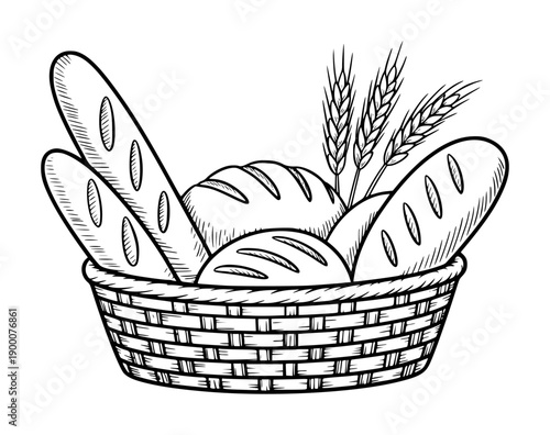 Hand drawn basket of bread and wheat ears white background food