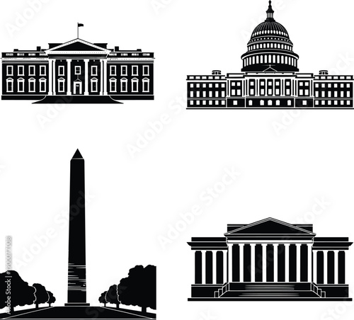 Washington DC landmarks silhouette illustration, White House, Capitol building, Washington Monument, Lincoln Memorial, American history, government architecture, cultural heritage, tourism