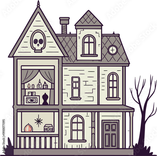 Victorian haunted house exterior facade with skull window and tree