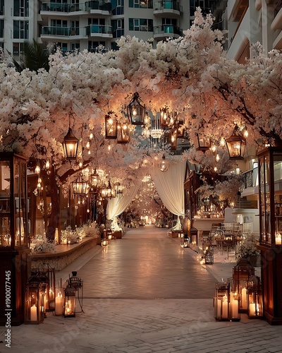 Romantic floral arch with glowing lanterns high resolution picture