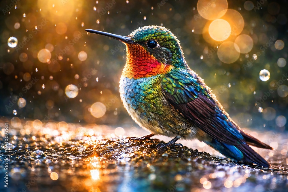 Fototapeta premium A vibrant hummingbird with a red throat and green body stands on a wet surface with sparkling bokeh lights in the background.