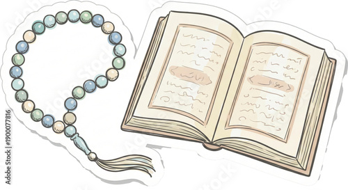hand-drawn doodle illustration of Islamic prayer beads (tasbih) and an open Holy Quran book