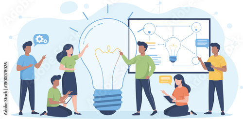 Teamwork Office Vector Illustration with Business People Collaboration. Modern teamwork office vector illustration showing a group of business people collaborating in a professional workplace.