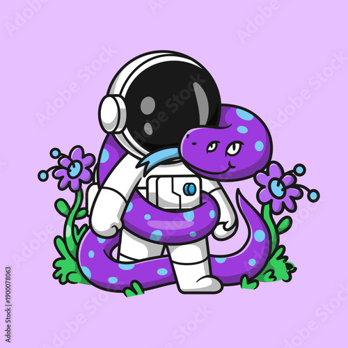 Cute Astronaut With Snake Alien Cartoon