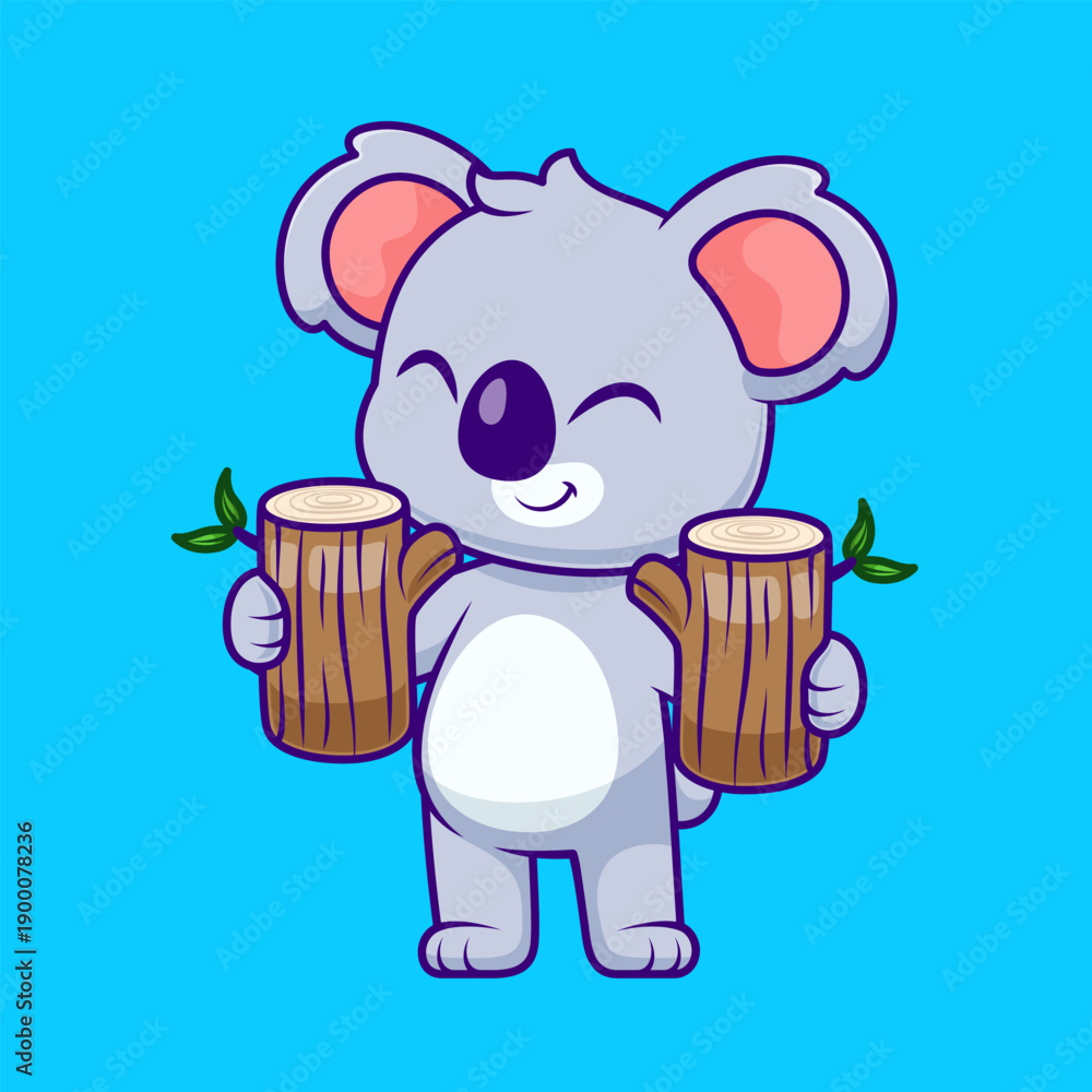 Fototapeta premium Cute Koala Holding Branch Wood Tree Cartoon 