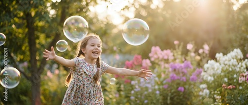 Happy young Caucasian girl in floral dress playing with soap bubbles in sunny garden during golden hour summer evening outdoors with colorful flowers.