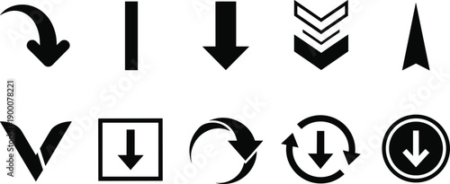 Arrow and download icon set in solid style, featuring navigation, direction, refresh and action symbols, ideal for user interface, web, app and software design concepts.