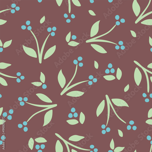 Hand-drawn tossed floral buds seamless vector pattern background. Simple scattered red green flowers on a light blue backdrop. Modern simple botanical style for packaging, gifting,