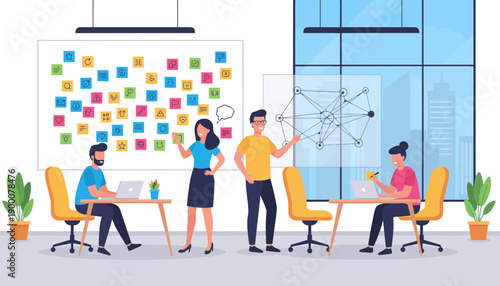 Teamwork Office Vector Illustration with Business People Collaboration. Modern teamwork office vector illustration showing a group of business people collaborating in a professional workplace.