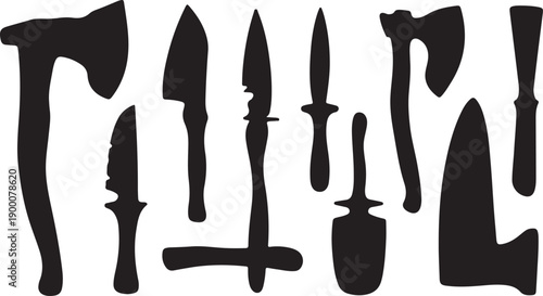 Collection of black silhouettes of axes and knives