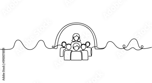 Continuous line drawing of a group of people standing together under an arch, representing teamwork and community
