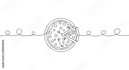 Simple Continuous Line Drawing of a Pizza Slice with Dough and Toppings
