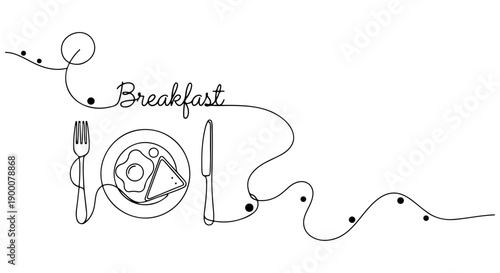 Breakfast time, a delicious meal represented by a plate, fork, knife, and toast, drawn with a continuous line art style