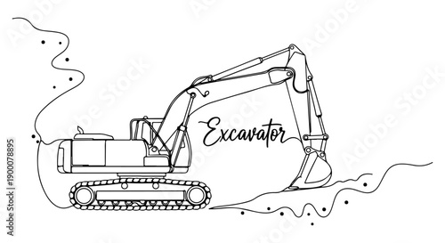 Excavator Illustration Vector Line Art Construction Vehicle Digging Machine