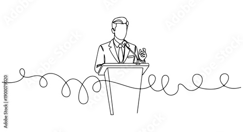 A confident public speaker in a suit delivers a speech from a podium with a swirling abstract design behind them, representing communication and presentation