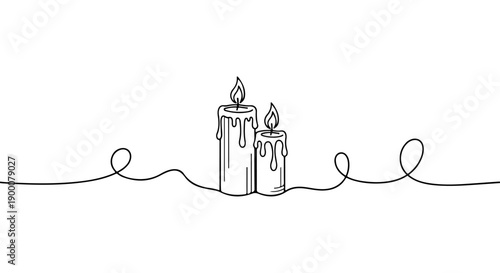 A minimalist continuous line drawing of two flickering candles with dripping wax, symbolizing warmth and tranquility, set against a clean white background