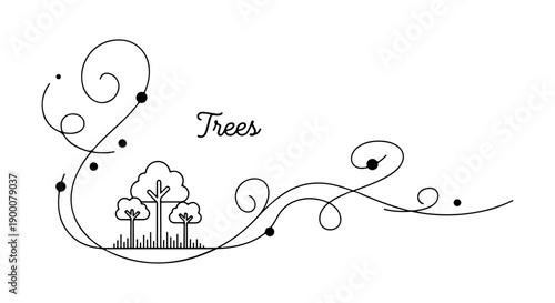Decorative illustration of trees with swirling lines and dots, a simple yet elegant design representing nature and growth