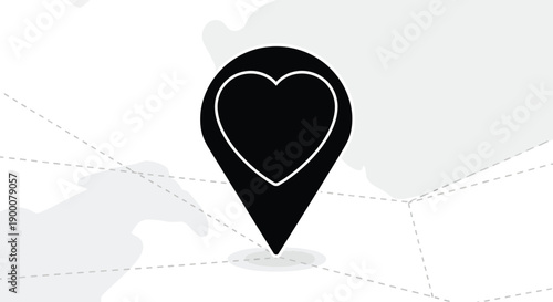 A black map pin icon with a heart shape on a white background with dotted lines
