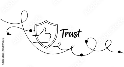 Conceptual illustration of trust and approval with a shield and a thumbs-up icon in a minimalist line art style