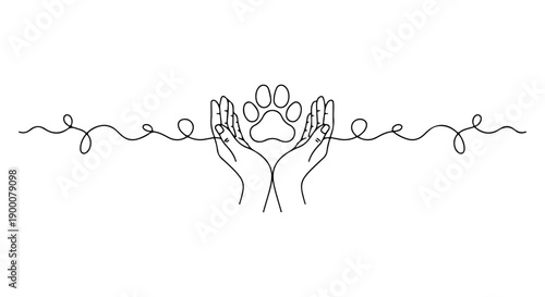 Abstract line art vector graphic showing hands holding a paw print, symbolizing love and care for pets