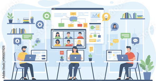 Teamwork Office Vector Illustration with Business People Collaboration. Modern teamwork office vector illustration showing a group of business people collaborating in a professional workplace.