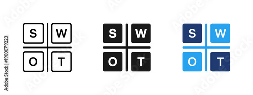 SWOT analysis icon with four quadrant matrix. Visual concept of business strategy, strengths, weaknesses, opportunities and threats. Suitable for marketing planning, analysis and strategic reports.