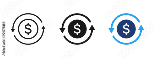 Money and finance icon with dollar symbol and circular arrows. Symbol of cash flow, financial circulation, transactions and revenue cycle. Ideal for banking, payments, investments, accounting systems