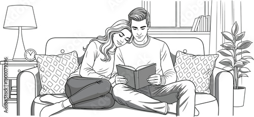 A loving couple sitting together on a couch reading a book in a cozy living room with a plant and lamp.