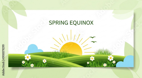 Vibrant spring equinox scene with sun flowers and birds in a green landscape