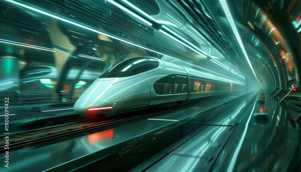 Fototapeta premium Futuristic high-speed train traveling through a sleek, illuminated tunnel showcasing advanced transportation technology