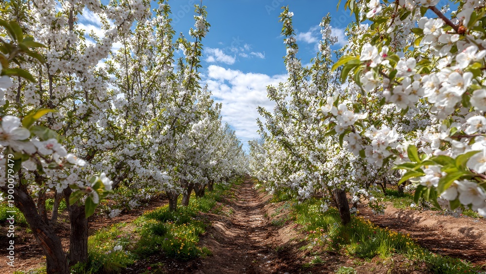 Fototapeta premium Path Through a Blossoming Apple Orchard