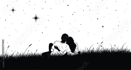 A romantic couple sitting together in a serene field under a starry night sky