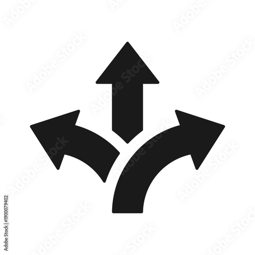 Direction arrows icon showing multiple paths and route choices. Choice and decision icon with three direction arrows. Options, alternatives, strategy and decision making. Navigation and road sign.