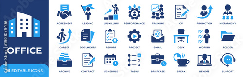 Office and business icon set with 25 vector icons. Career, employee, documents, project, training, schedule, tasks, email, support and remote work symbols for corporate UI, web and app design.